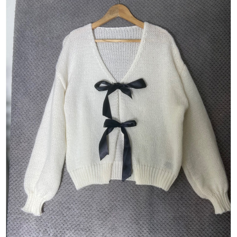 Chunky Knit Cardigan Tie Front Large Coquette Romantic Soft French Girl Preppy - Picture 2 of 6